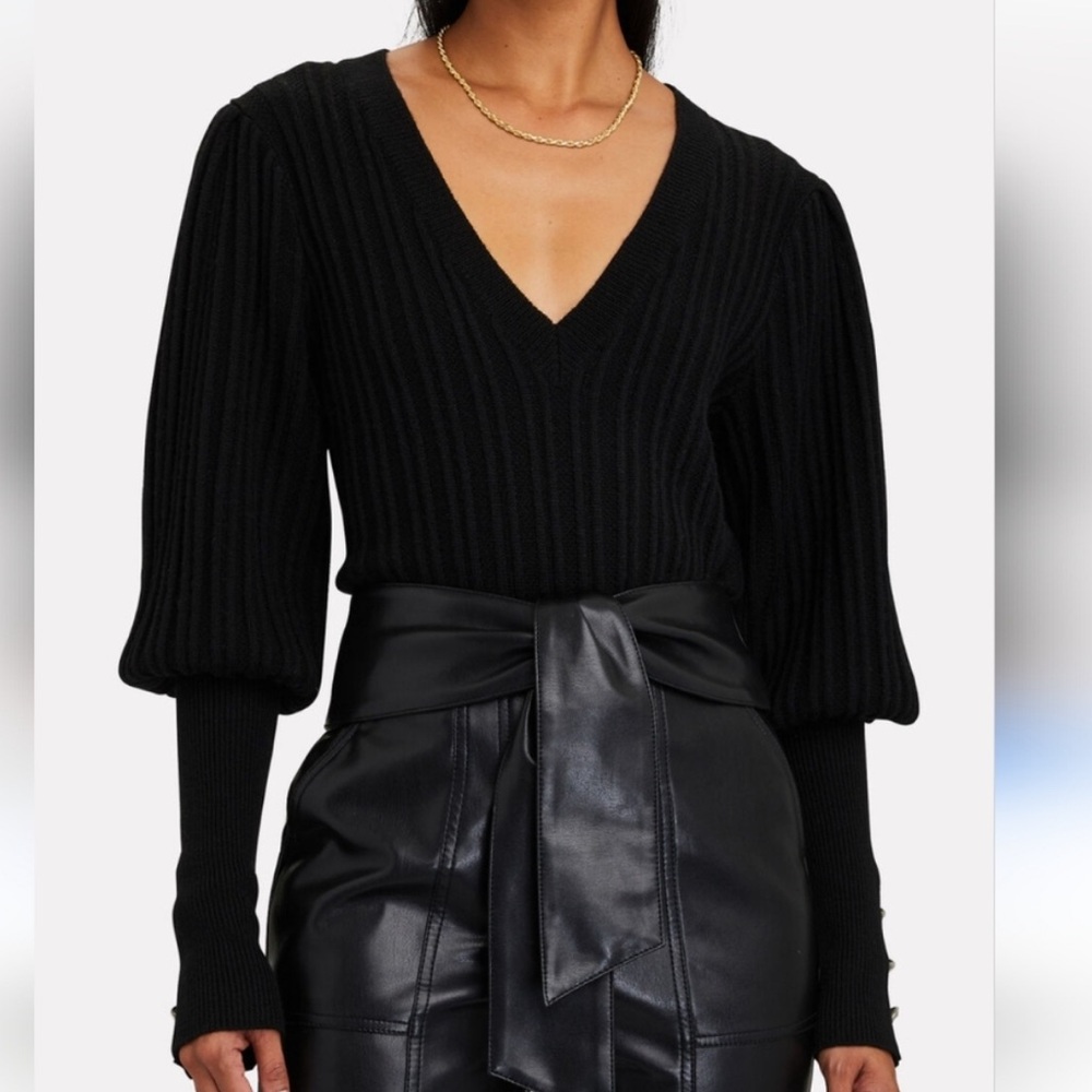 Veronica Beard Esme Wool Knit V-Neck Pullover Sweater SMALL Puff Sleeve Black